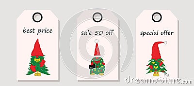 Vector set of discount price tags. Labels with Cute Christmas gnomes made of Christmas tree. Vector Illustration