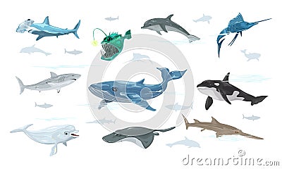 Vector set of dolphin, anglerfish, swordfish, whale, shark, sawfish, beluga, atlantic torpedo, hammerhead. Vector Illustration