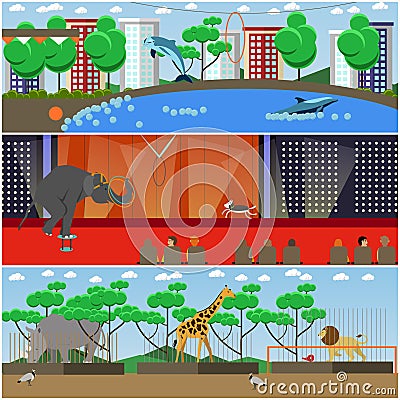 Vector set of dolphinarium, circus and zoo interior flat posters Vector Illustration