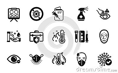 Vector set of Dont touch, Medical cleaning and Medical mask icons simple set. Vector Vector Illustration