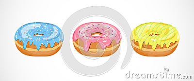 Vector set of Donut isometric icons with colorful glaze and sugar icing. Vector Illustration