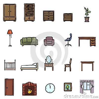 Vector Set of Doodle Furniture Icons Vector Illustration