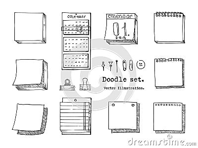 Vector Set of Doodle sticky note, paper sheet, pack of paper, calendar, pin, binder. Sketch Office stuff. Hand drawn doodle vector Vector Illustration