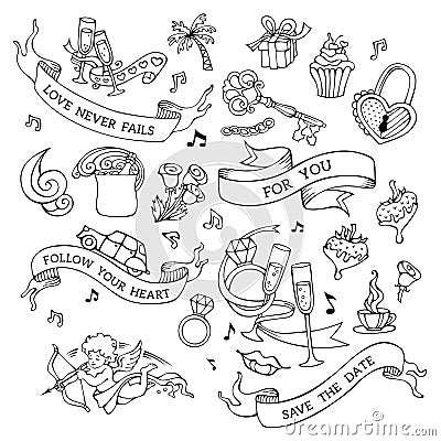 Vector set of doodles Valentine`s icons, signs and symbols. Vector Illustration