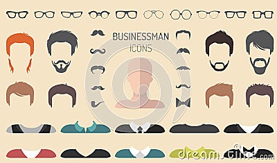 Vector set of dress up constructor with different businessman glasses, beard etc. in flat style. Male faces icon creator Vector Illustration