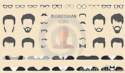 Vector set of dress up constructor with different businessman glasses, beard etc. in flat style. Male faces icon creator Vector Illustration