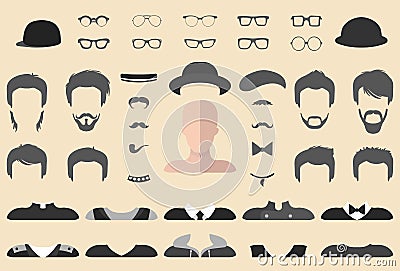 Vector set of dress up constructor with different glasses, beard, mustache, wear in flat style. Male faces icon creator. Vector Illustration