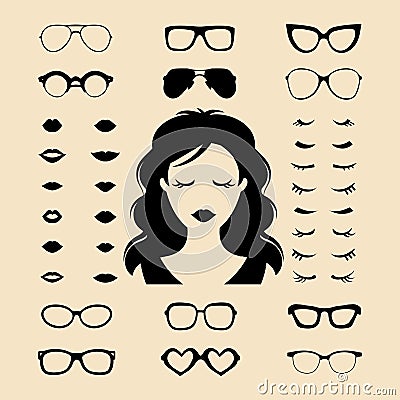 Vector set of dress up constructor with different woman eyelashes,glasses,lips in flat style. Female faces icon creator. Vector Illustration