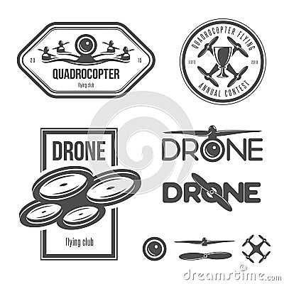 Vector set of drone flying club labels, badges Vector Illustration