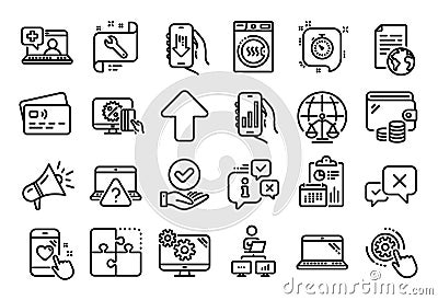 Vector set of Dryer machine, Laptop and Cogwheel settings line icons set. Vector Vector Illustration