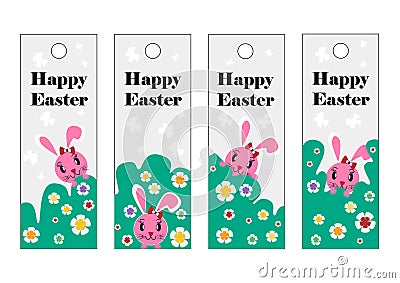 Vector set of Easter bookmark. Happy Easter, pink rabbit. Vector Illustration