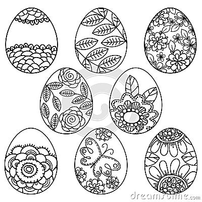 Vector set of easter eggs with floral pattern for coloring book. Hand-drawn decorative elements in vector. Black and white. Vector Illustration