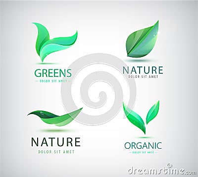 Vector set of eco, natural logos. Green leaves, organic signs. Natural cosmetics Vector Illustration