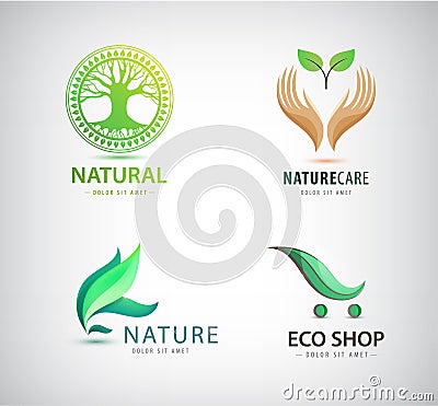 Vector set of eco, organic green logos. Eco shop, hand holding leaf Vector Illustration