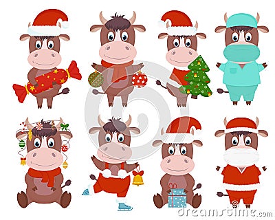 Vector set of eight Christmas characters. Symbol of the Chinese New year 2021. Cartoon Illustration