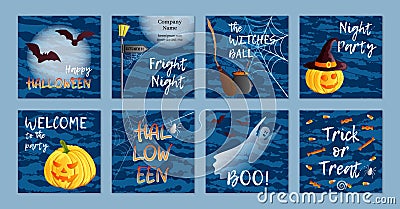 Vector set of eight square postcards, invitations or banners. Halloween theme. Traditional holiday symbols and inscriptions. Jack Vector Illustration