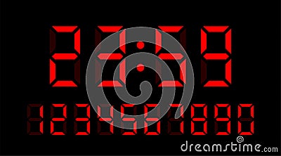 Vector set of electronic digits numbers font from a clock and a countdown timer. Red watch and calculator display symbols Vector Illustration