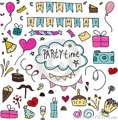 Vector set of elements, birthday and party colored doodles Vector Illustration