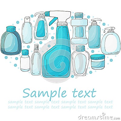 Vector set elements in the shape of an oval. Collection of cans, packages, tubes. Antiseptic, toothpaste, gel, soap Vector Illustration