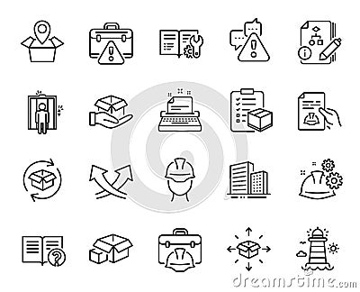 Vector set of Elevator, Help and Return parcel line icons set. Vector Vector Illustration