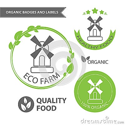 Vector set emblems of eco farm and natural food. Organic badges and labels Vector Illustration