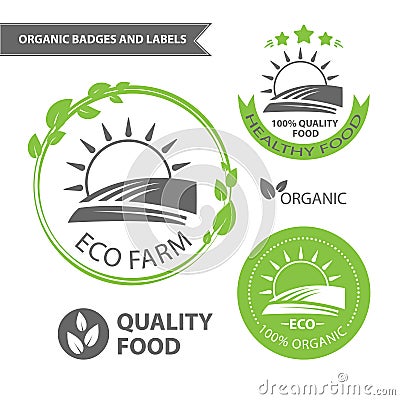 Vector set emblems of eco farm and natural food. Organic badges and labels Vector Illustration