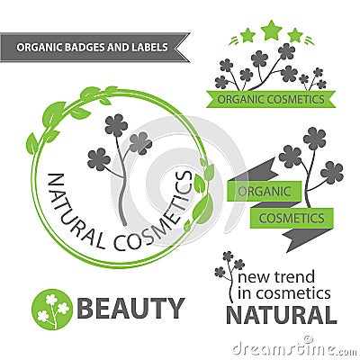 Vector set emblems of natural and organic cosmetics. Organic badges and labels Vector Illustration