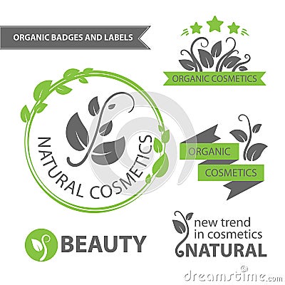 Vector set emblems of natural and organic cosmetics. Organic badges and labels Vector Illustration