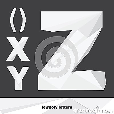 Vector set with english alphabet set. English letters X Y Z in lowpoly style. Shades of grey on dark background. Stock Photo