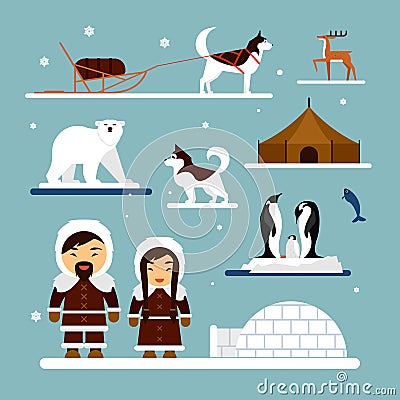 Vector set of eskimo characters with igloo house, dog, white bear and penguins. People in traditional eskimos costume Vector Illustration