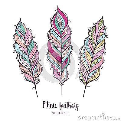 Vector set of ethnic feathers. Decorative colorful feather. Vector Illustration