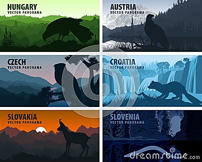 Vector set of European countries illustrations - Austria, Croatia, Slovenia, Czech Republic, Slovakia, Hungary Vector Illustration