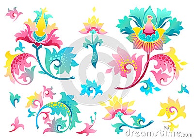 Vector set with exotic flowers in Chinese style. Vector Illustration