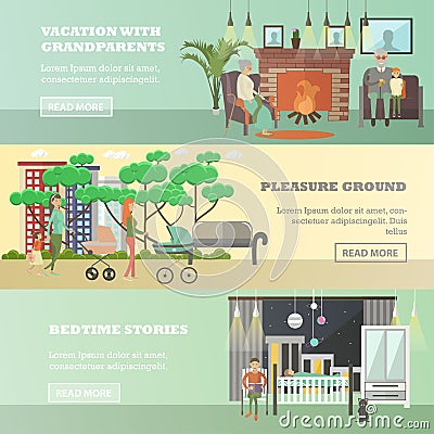 Vector set of family concept horizontal banners in flat style Vector Illustration