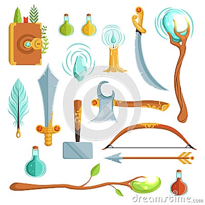 Vector set of fantasy magic weapons. Illustrations for computer game Vector Illustration