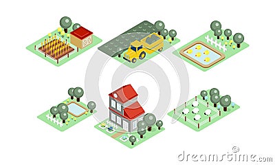 Vector set of farm icons in modern 3D style. Fields with harvest, grazing sheep, house, yards with trees and ponds Vector Illustration