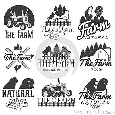 Vector set of farm labels. Monochrome logos, badges, banners and emblems in vintage style. Isolated illustration Vector Illustration