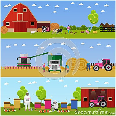 Vector set of farming, harvesting, beekeeping concept banners, flat style Vector Illustration