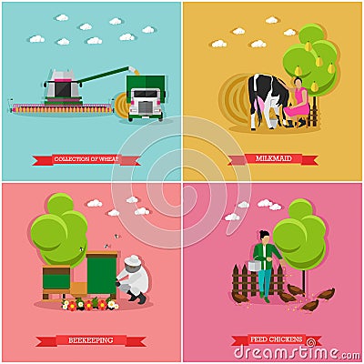 Vector set of farming, harvesting, beekeeping concept banners, flat style Vector Illustration