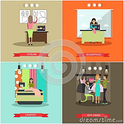 Vector set of fashion atelier flat posters Vector Illustration