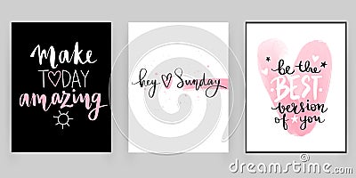 Vector set with fashion cards with inspiration quotes. Motivation phrases for girls room Vector Illustration