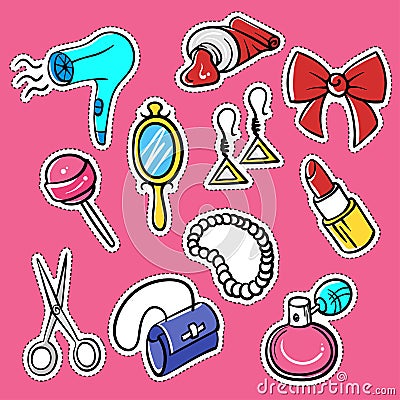 Vector set of fashionable patches: hairdryer, pomade, perfume Vector Illustration