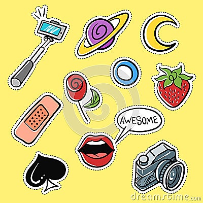 Vector set of fashionable patches: selfie stick, lips, strawberry Vector Illustration