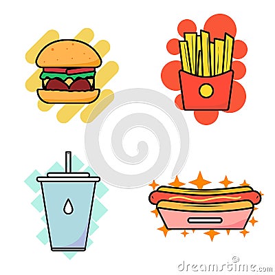 Vector Set of fast food. Classic cheeseburgers, fries packs, soft drinks and hot dogs. Flat eps vector illustration Vector Illustration