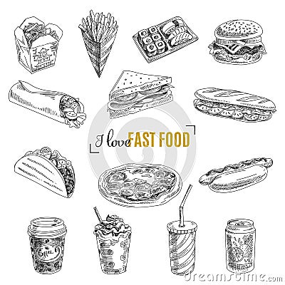 Vector set of fast food. Illustration in sketch Vector Illustration