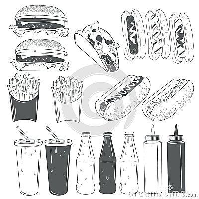 Vector set of fast food products isolated on white background in monochrome style. Design elements and icons. Vector Illustration