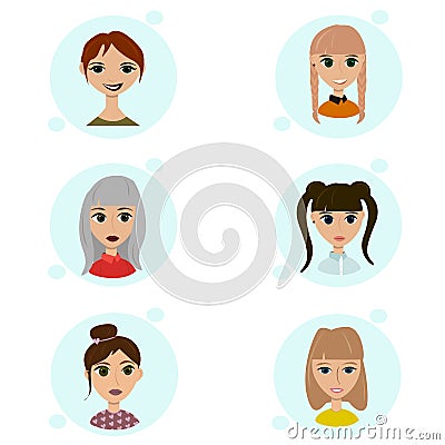 Vector set of female avatar icons. People illustration, flat woman social media. Cartoon characters for web profile Vector Illustration