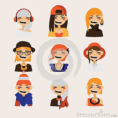Vector set with female hipster avatars smiling and watching at spectator. Bright characters with various hairstyle and clothes, ha Stock Photo
