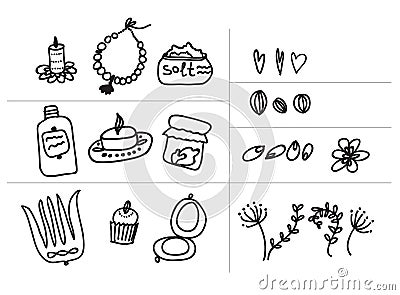 Set. Painted female tricks. Beads, comb, mirror, powder, candle, bath salt, capkake, cosmetics. Vector illustration Stock Photo