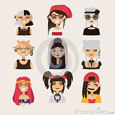 Vector set with female subcultural characters. Rasta, body modification, hipster, goth, visual kei girls. Stock Photo